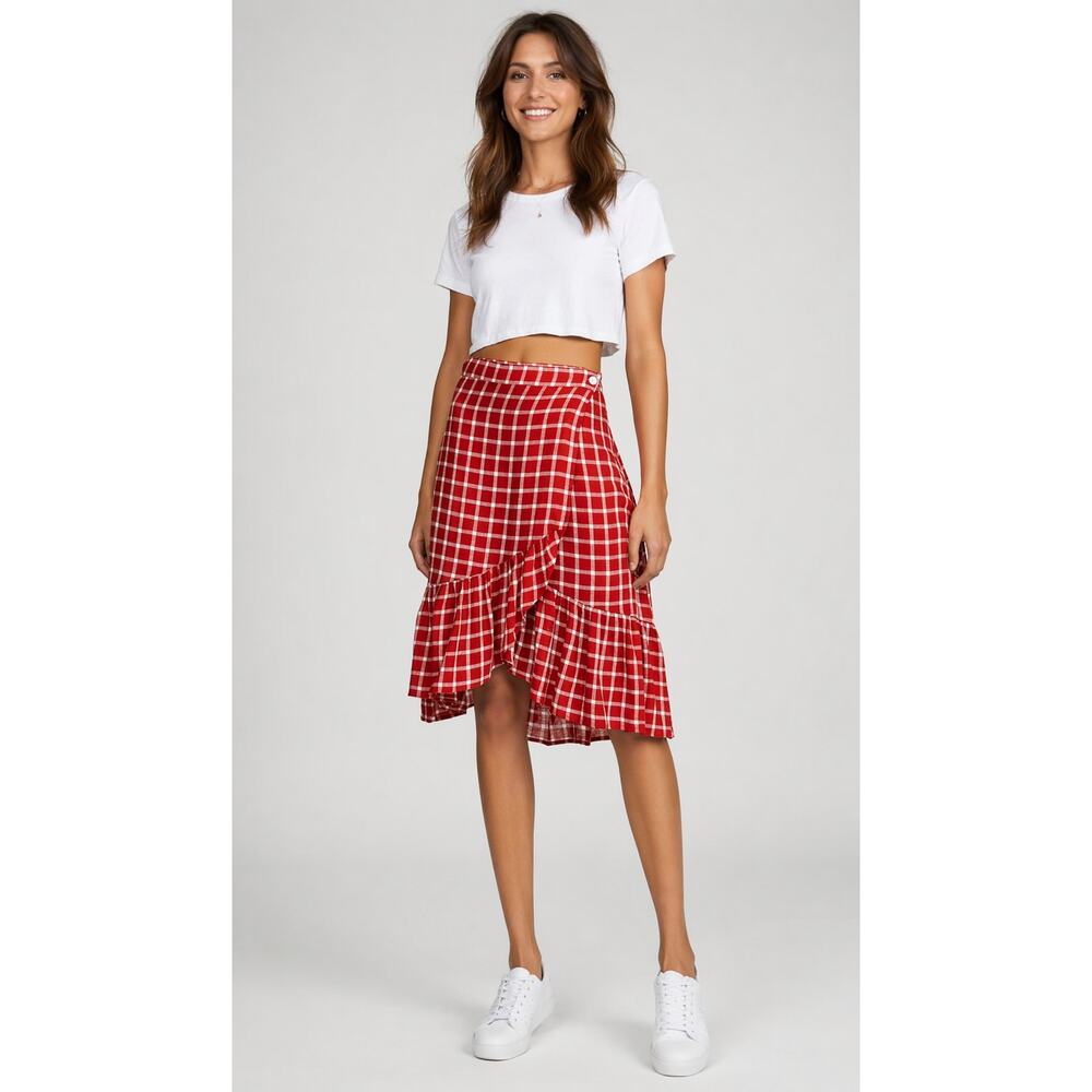 NEW Rails Lizzy Linen Blend Ruffle Hem Wrap Skirt Womens Size Large Plaid Red